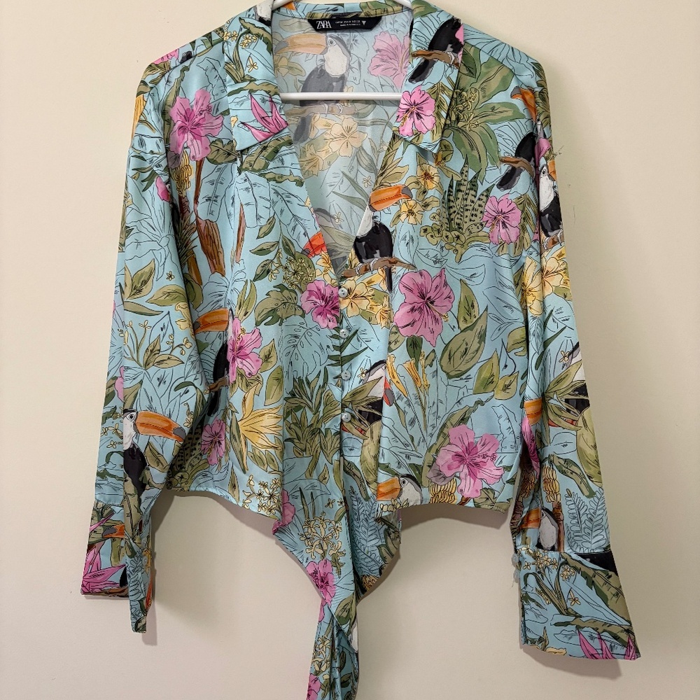 Zara Printed Tie-Front Collared Blouse